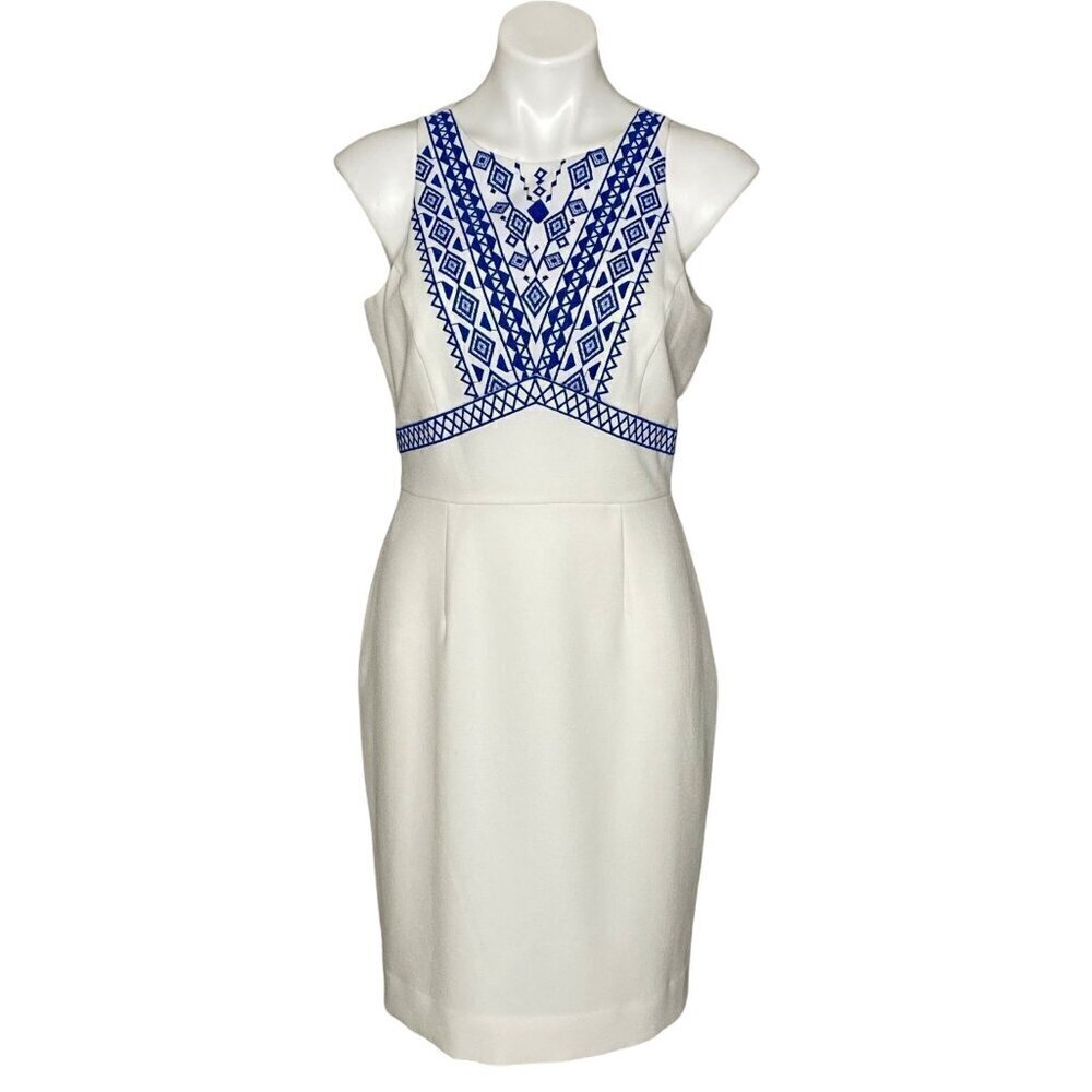 Cremieux NWT Sleeveless Sheath Dress, White Blue Embroidered Women's Size 6